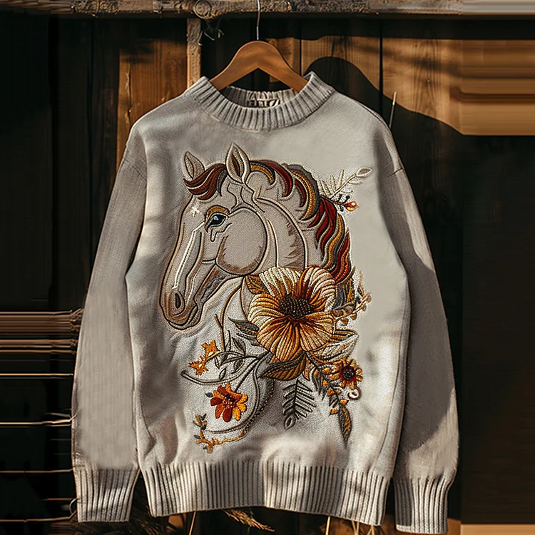 Comstylish Western Floral Horse Print Round Neck Casual Sweatshirt