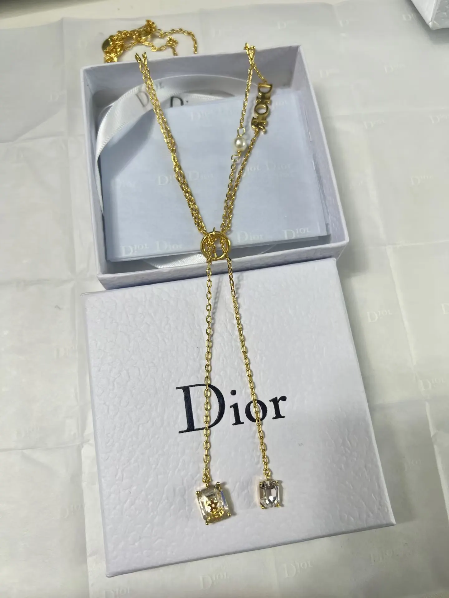 Dior Two Layered Two String Diamond Pendant Drop Y Necklace