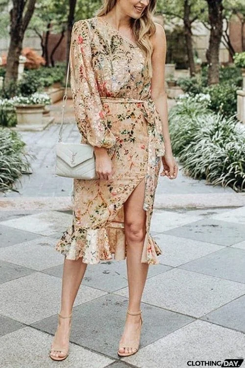 One Shoulder Print Split Ruffle Calf Length Dress