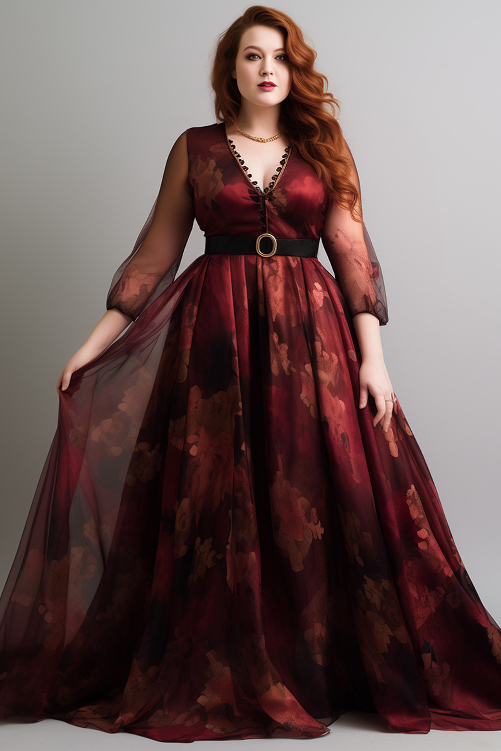 Flycurvy Plus Size Goth Burgundy Mesh Floral Print Empire Waist Maxi Dress