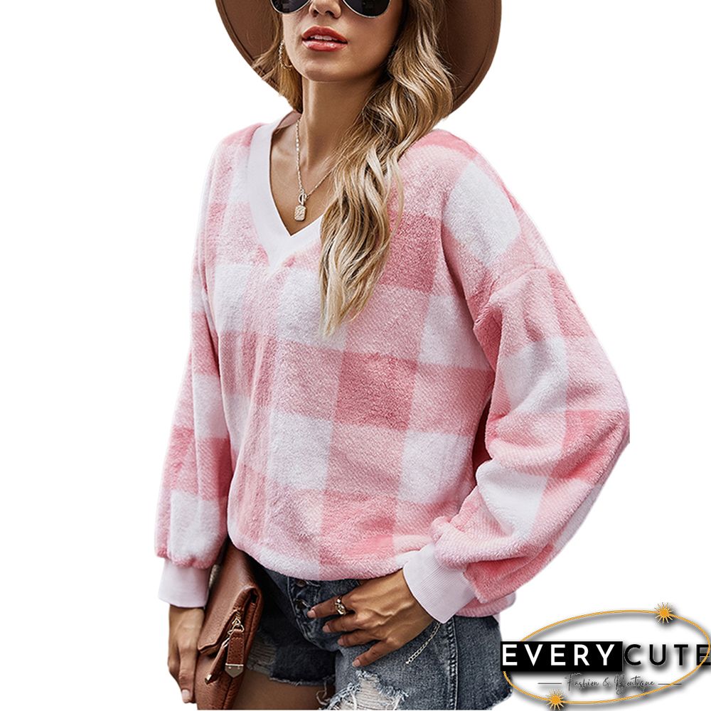 Pink Flannel Plaid Print Long Sleeve Top