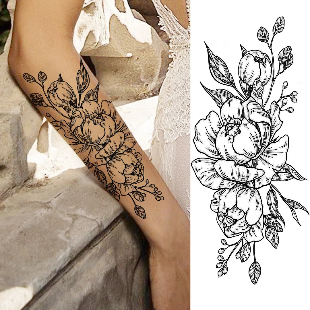 Black Lotus Pendant Temporary Tattoos For Women Adult Rose Flower Jewelry Fake Tattoo Fashion Calf Waterproof Half Sleeve Tatoos