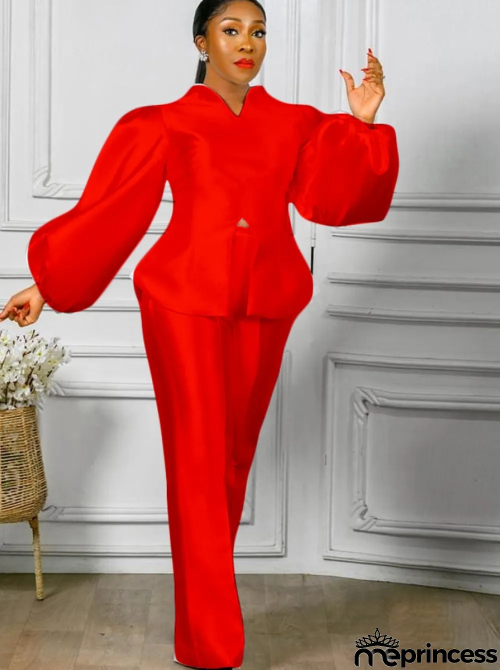 Autumn Formal Red Puff Sleeve Peplum Top and High Waist Pants Set