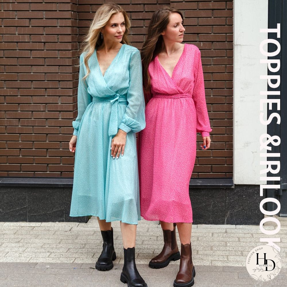 Toppies Women Dress Heart Print vestidos Wrap around v neck Long sleeve Fashion Pink Chiffon Dresses