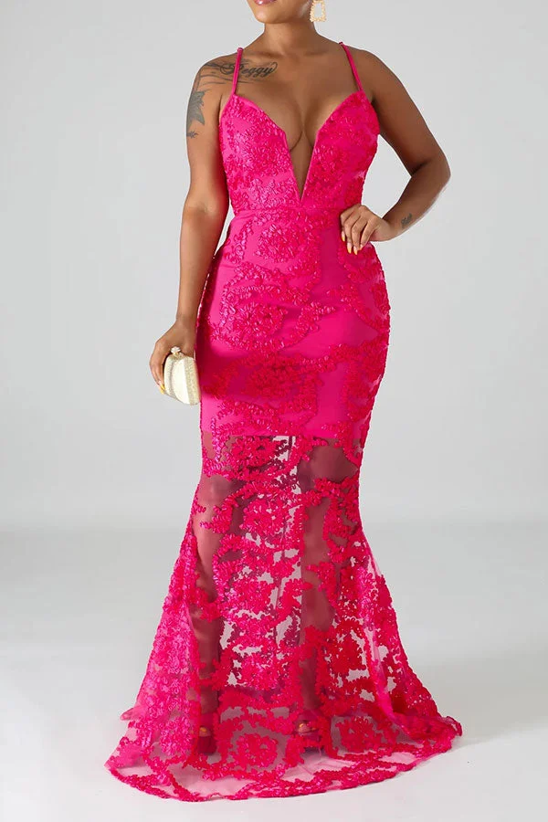 Lace Patchwork Glamorous Fishtail Maxi Dress