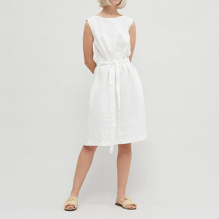 Solid Color Lacing Cotton And Linen Sleeveless Dress