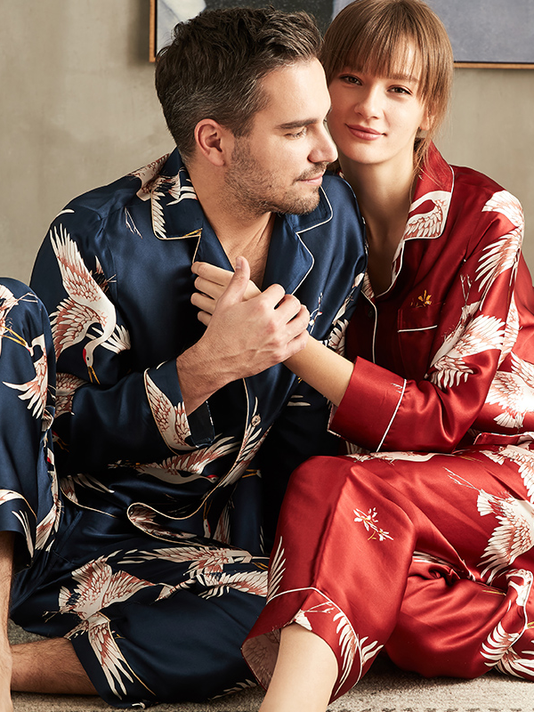 Pyjama long en soie imprimé motif grue pour couple-Soie Plus