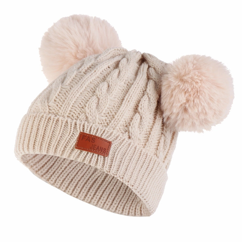 Autumn And Winter Children’s Thickened Wool Hat Ear Double Hair Ball Warm Ear Protection Knitted Hat Set With Standard Solid Color Hat