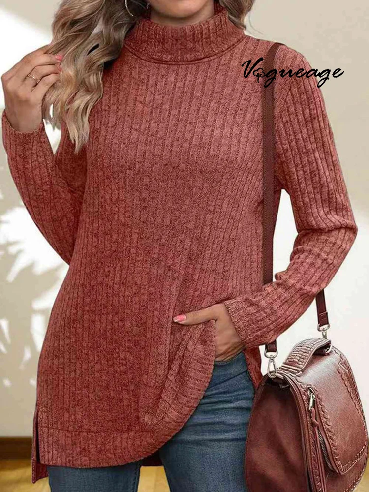 High Collar Neck Side Slit Solid Color Women's Long Sleeve T-Shirt