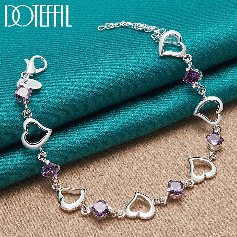 925 Sterling Silver Heart Purple AAA Zircon Bracelet For Women Jewelry
