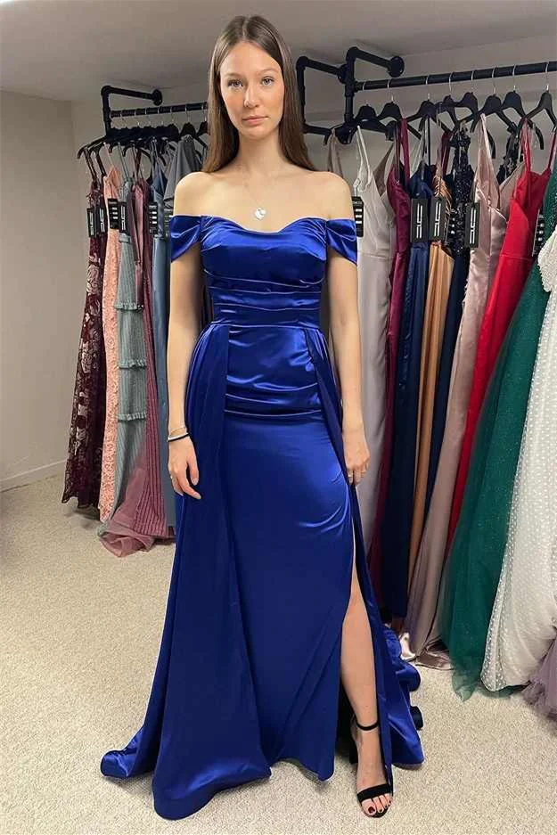 Bellasprom Royal Blue Off-the-Shoulder Mermaid Prom Dress With Split Ruffle