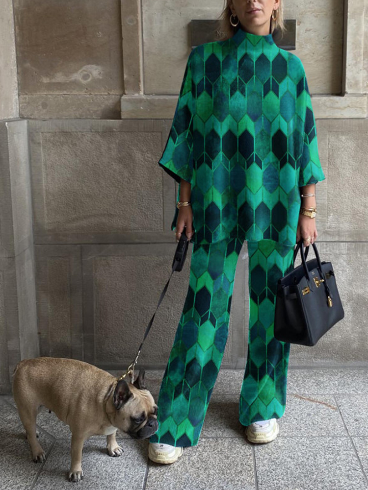 Diamond Lattice Art Series Printed Turtleneck Sweatshirt And Pants 2 Piece Suit wearshes