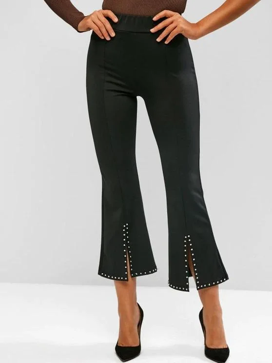Studded Slit Hem Pull On Flare Pants