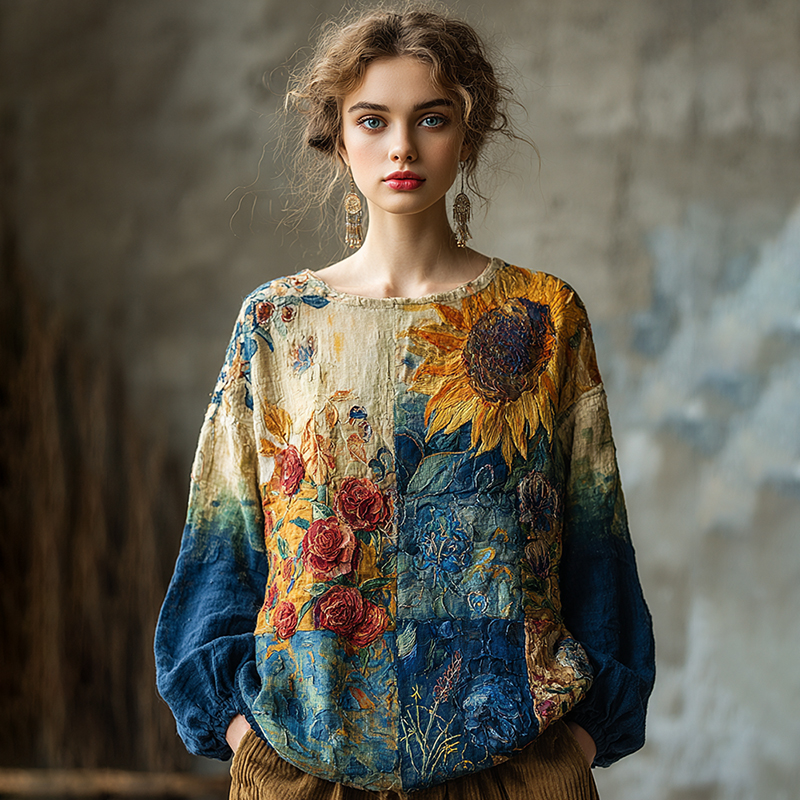 Women's Vintage Oil Painting Flower Art Round Neck Loose T-shirt  artssus
