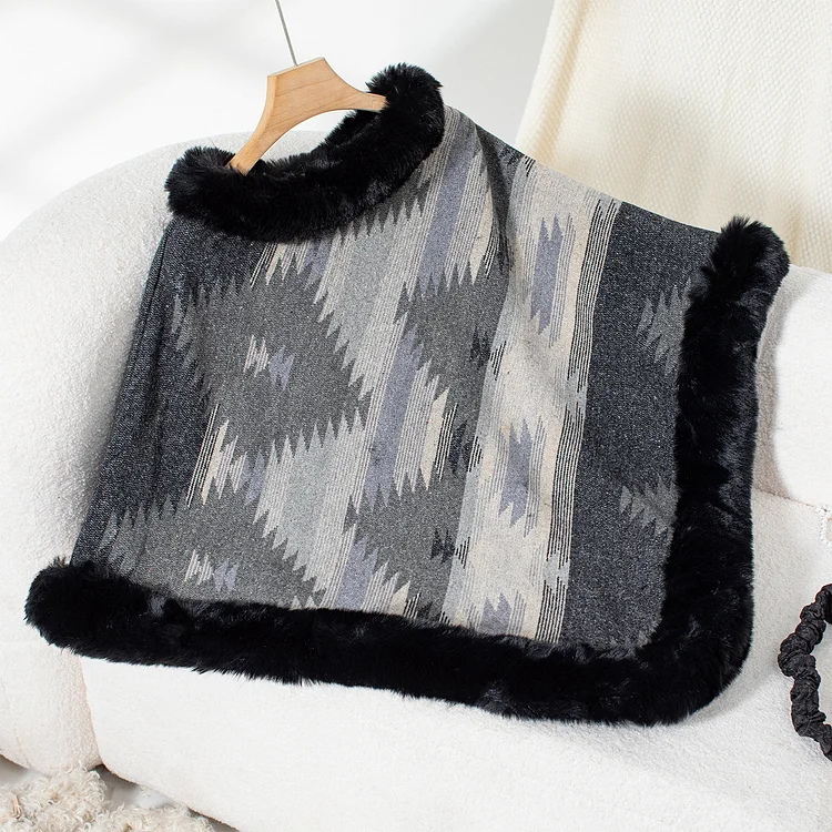 Women's Aztec Geometric Poncho Fur Collar Pullover Shawl Poncho