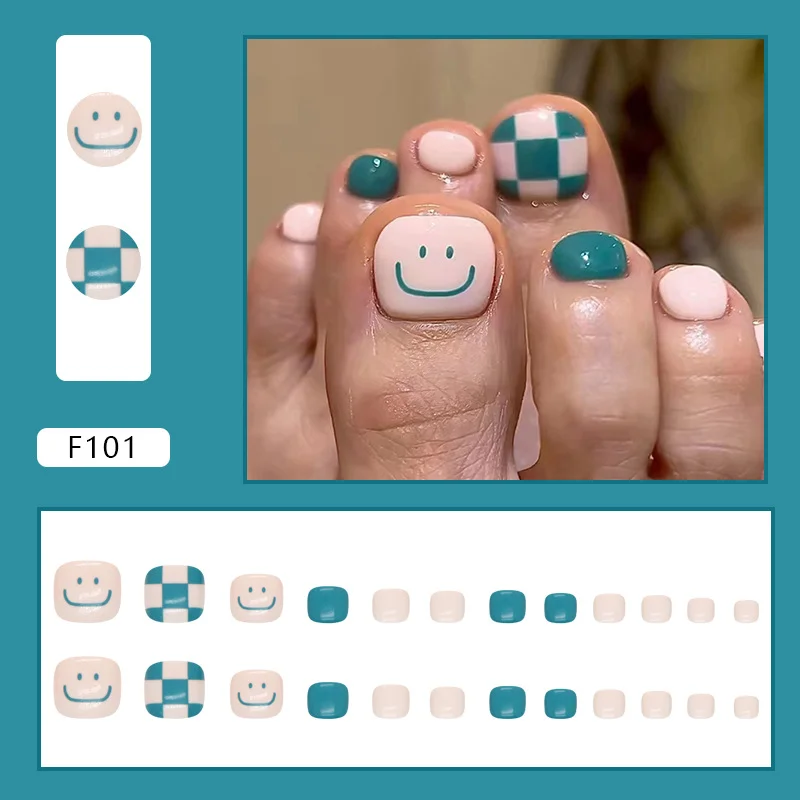 Churchf Churchf Smile Fresh Lake Green Checkerboard Nail Foot Style Small Fresh Nail Fake Nail Wear