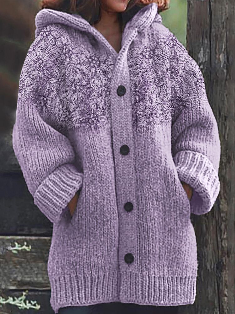 Classy 3d Floral Yoke Jacquard Cozy Knit Hooded Cardigan