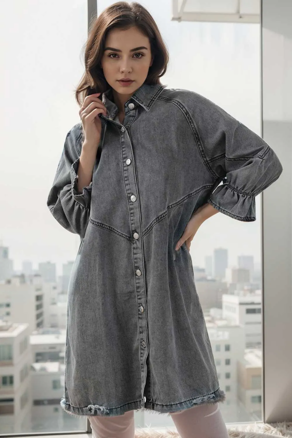 chic gray denim mini dress with button detail