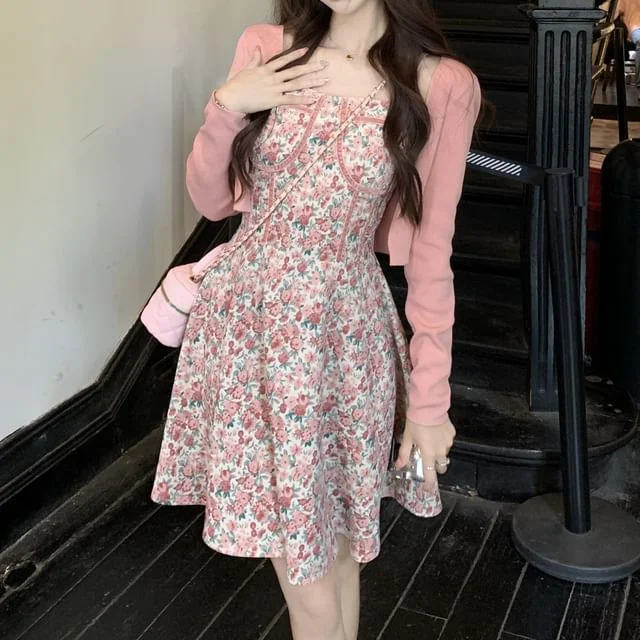 Neck / Print Square Cardigan Strap A-Line Spaghetti Crop Open Front Mini Plain Floral Dress