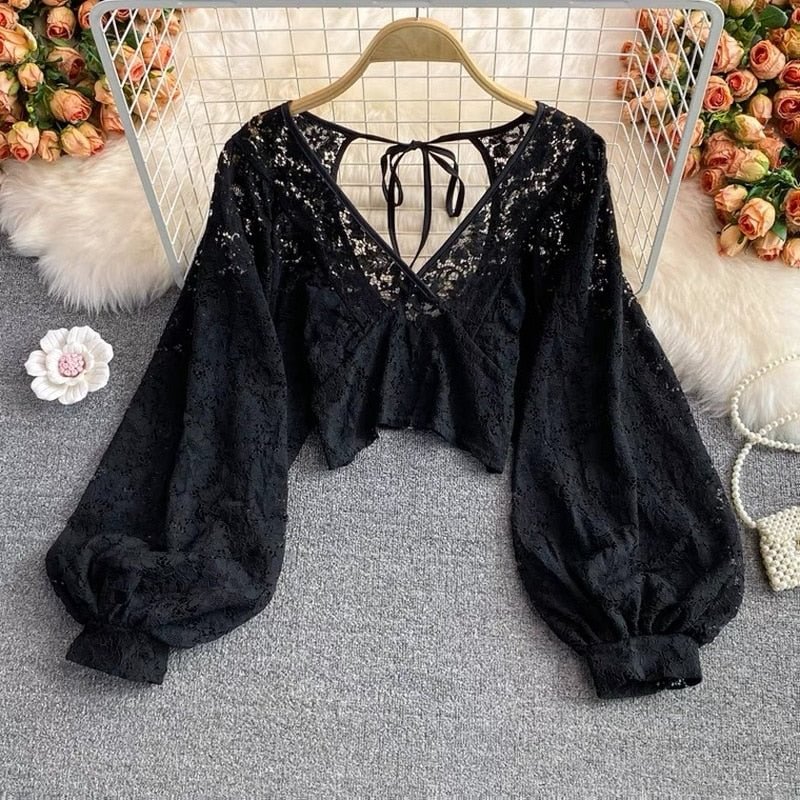 Autumn Black/White/Brown Sexy Lace Blouse Women Elegant V-Neck Puff Long Sleeve Open Back Short Tops Female Party Blusas 20396
