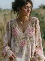 Bohemian Style Pink Floral Design V-neck Long-sleeve Top