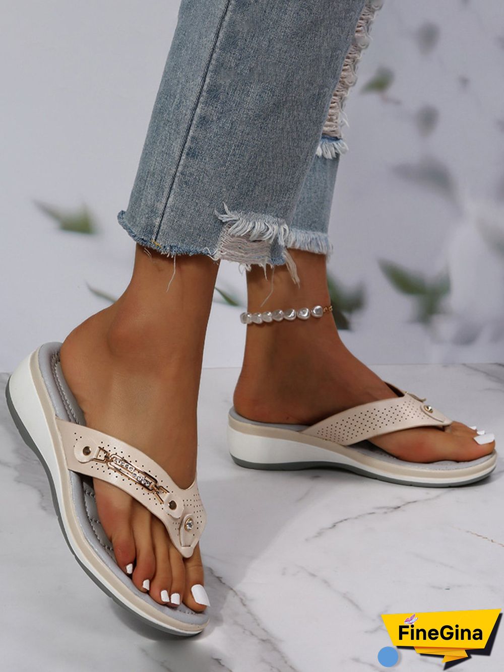 Metal Rhinestone Slope Heel Flip-Flops
