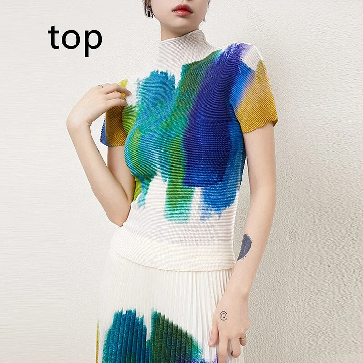 Chic High Collar Painting Short Sleeve Top & Painting Pleated Wide Leg Pants Two Pieces Set         