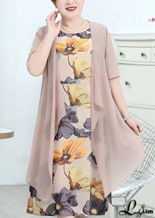 Chic Pink O-Neck Print Patchwork Chiffon Two Piece Suit Summer