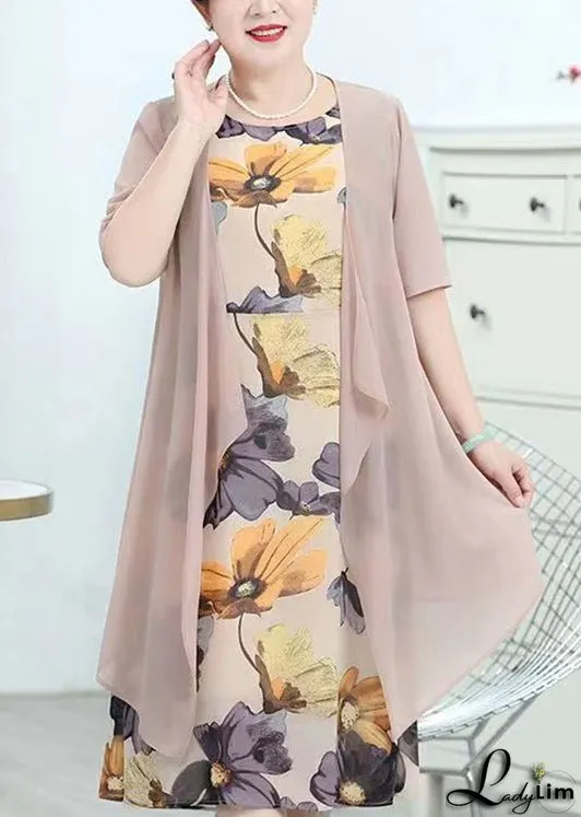 Chic Pink O-Neck Print Patchwork Chiffon Two Piece Suit Summer