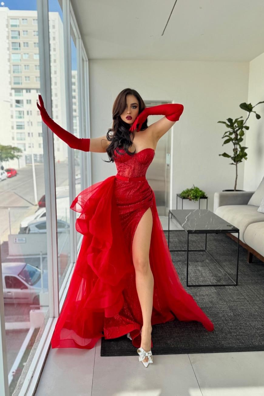 Charming Sleeveless Red Sequins Sweetheart Tulle Gloves Prom Dress with Removable Train | MS0716 