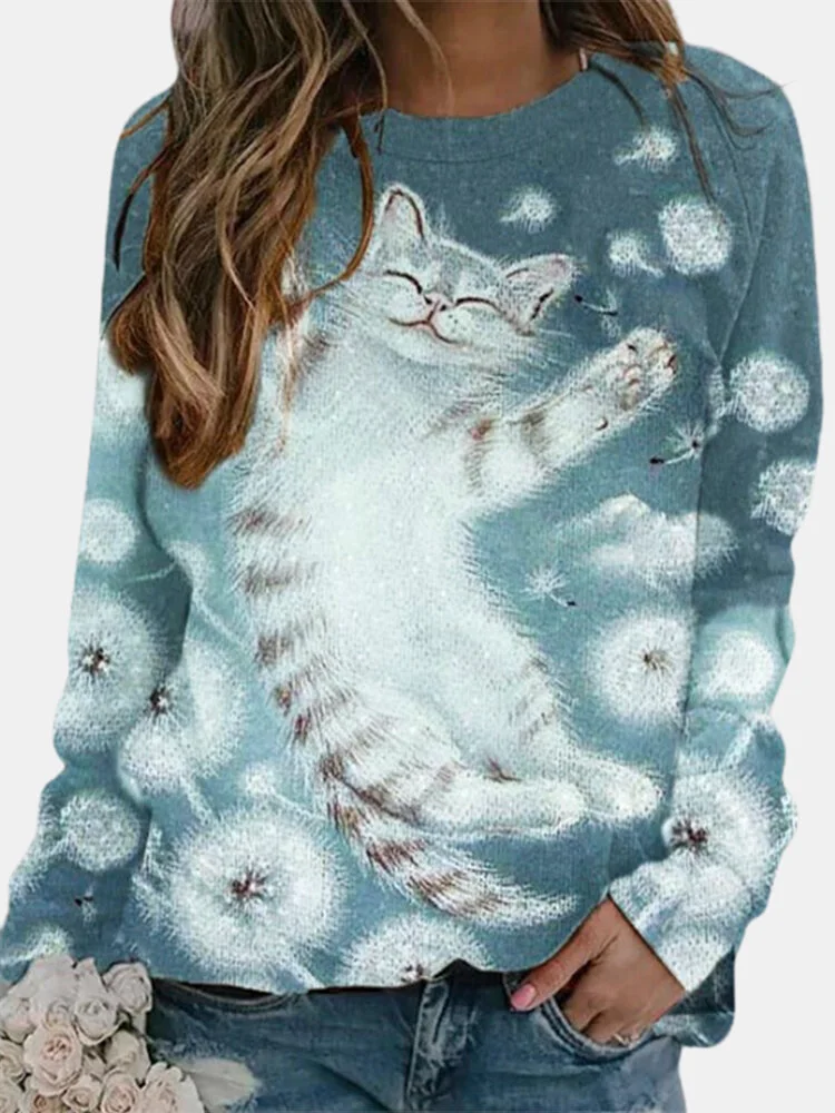 Cartoon Cat Printed O-neck Pullover Graphic Sweatshirt For Women