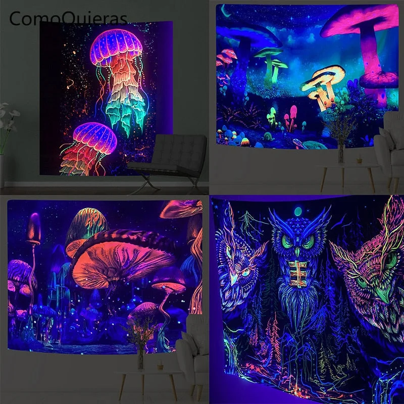3m*1.8m Fluorescent Tapestry Psychedelic Mushroom Jellyfish Hanging Cloth Home Wall Decoration Glow Under Ultraviolet Light