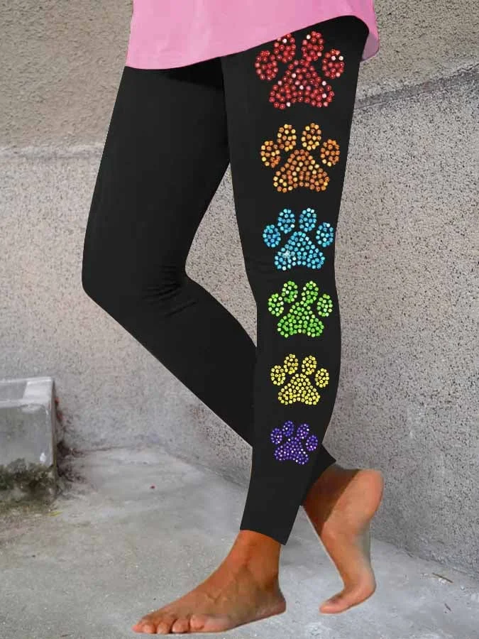 Women's Dog Paw Rhinestone Print Stretch Leggings