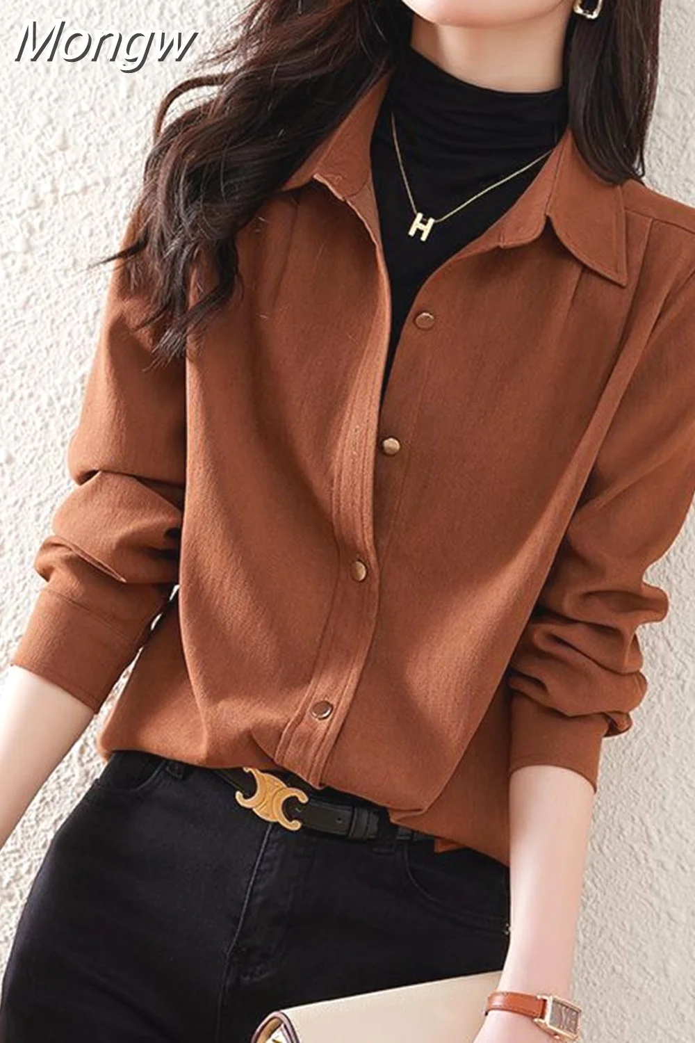 Mongw Mongw Lapel Button Solid Color All-match Shirt Women's Clothing 2023 Autumn New Loose Casual Tops Office Lady Blouse 1215-0