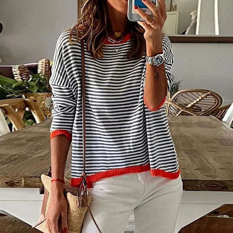 Casual Contrast Striped Off Shoulder Long Sleeved Sweater