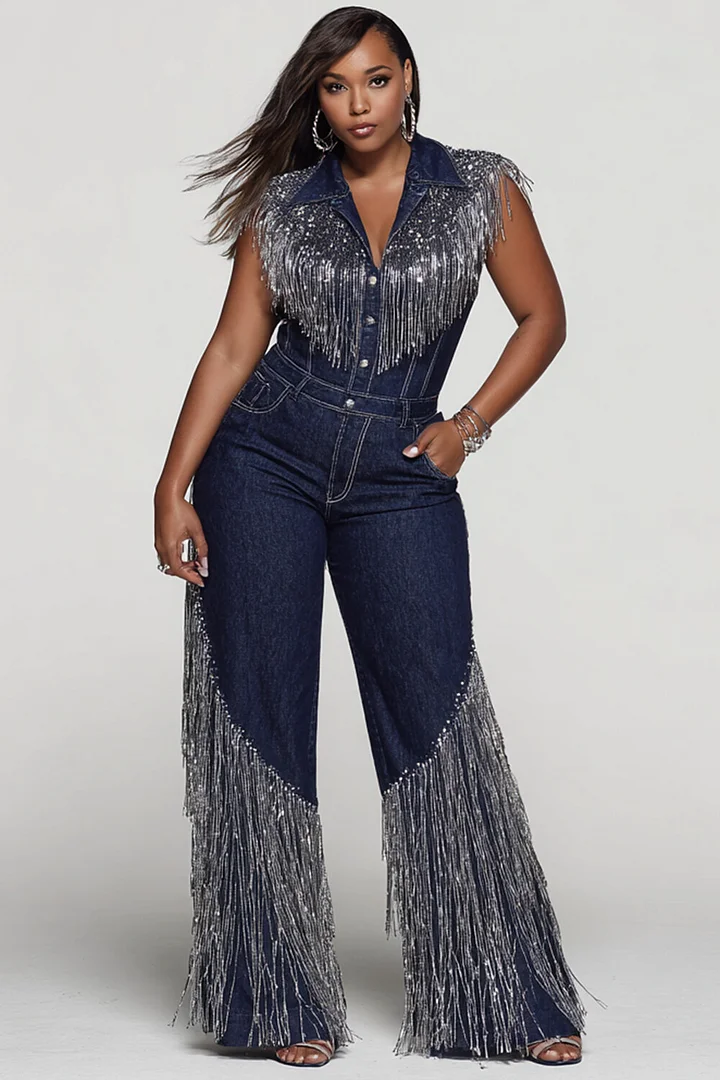 Xpluswear Design Plus Size Party Blue Shirt Collar Strappy Pocket Tencel Denim Jumpsuits 2024 - Xpluswear