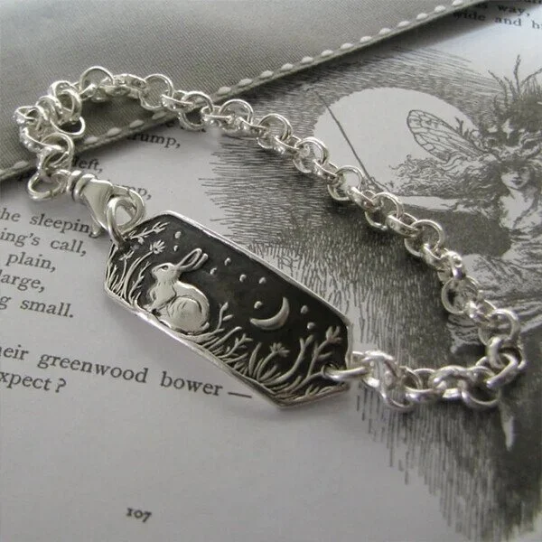 925 Sterling Silver"Listen to the Moon"Rabbit Stamp Bracelet