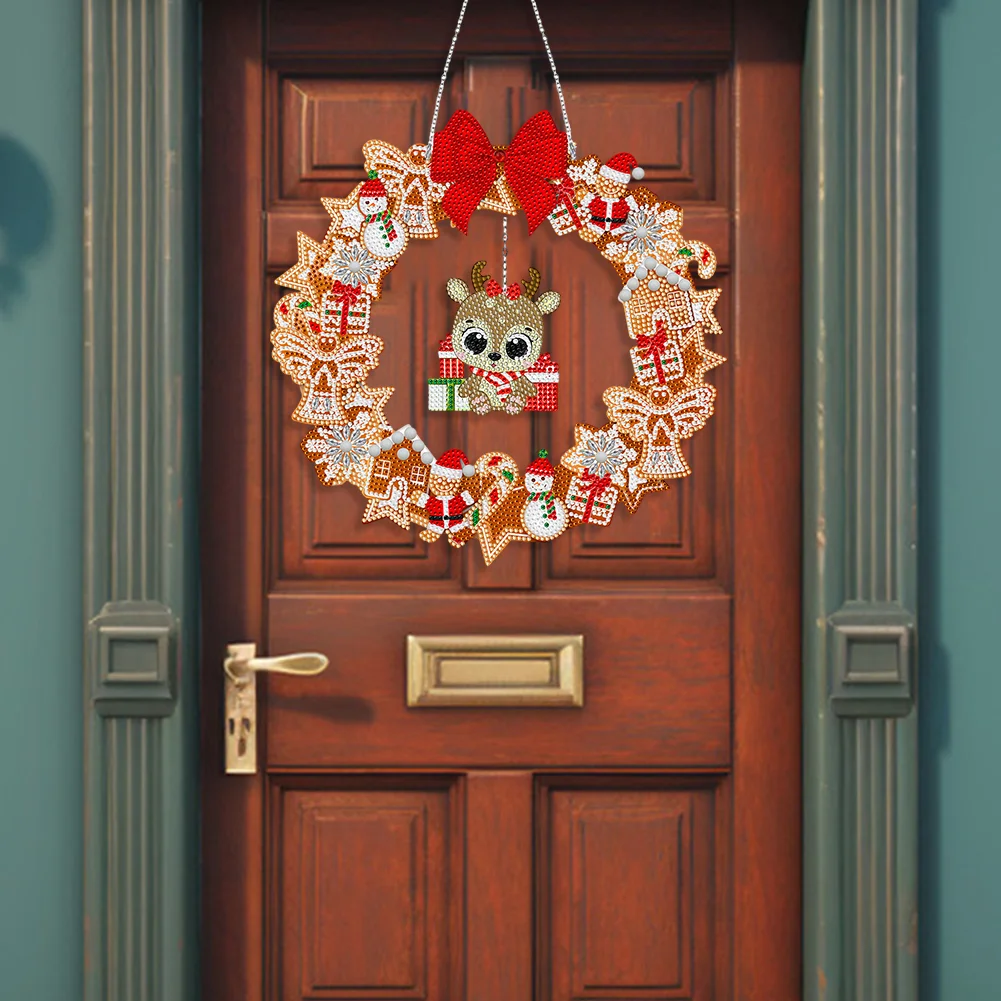 DIY Xmas Elk Acrylic Single Side Special Shaped Diamond Painting Wreath Ornament with LED Light