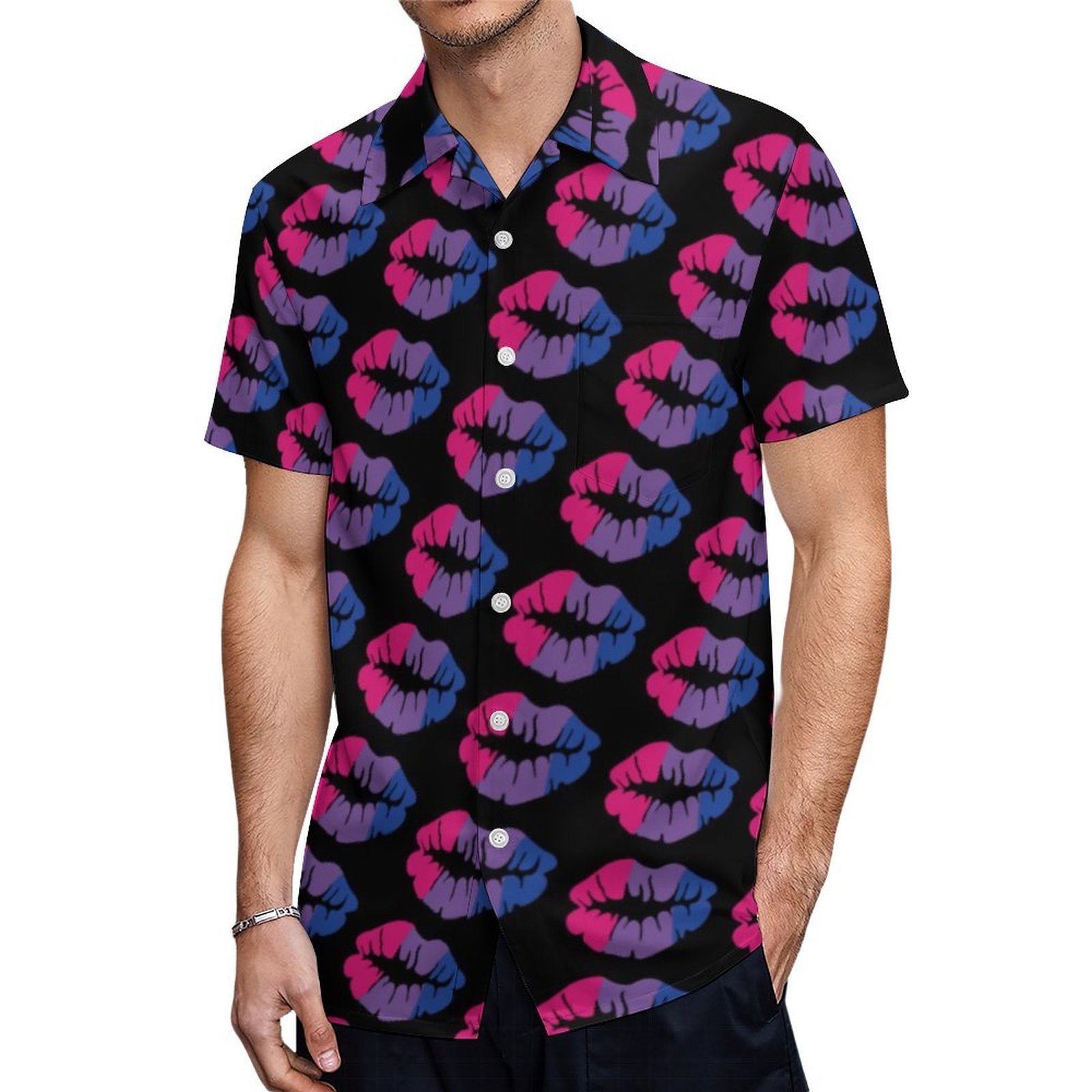 Bisexual Pride Flag Kiss Hawaiian Shirt Mens Button Down Plus Size Tropical Hawaii Beach Shirts