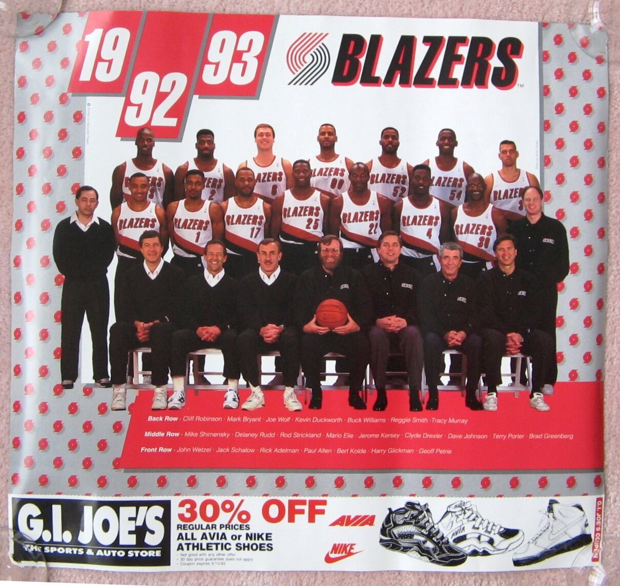 Portland Blazers 92-3 TEAM POSTER Game Handout 2Side Trailblazers Drexler Kersey