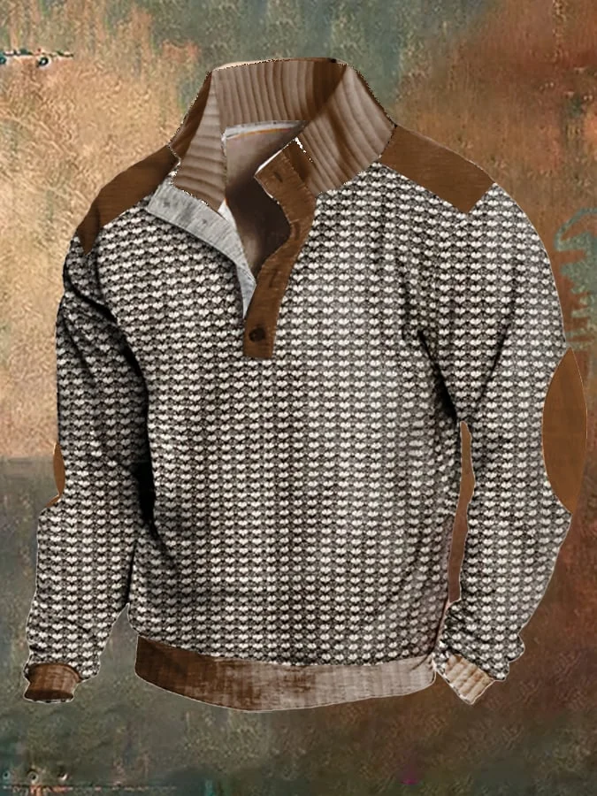 Men's Casual Color Block Knitted Jacquard Stand Collar Pullover Sweatshirt