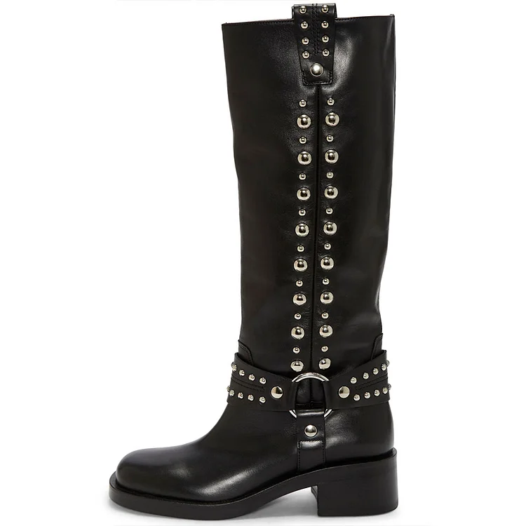 Black Ring Buckle Studded Knee Women's Motorcycle Boots with Low Heel |FSJ Shoes