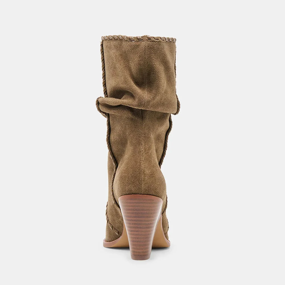 Brown Pointed Toe Chunky Heel Slouchy Pleated Pull On Boots for Women