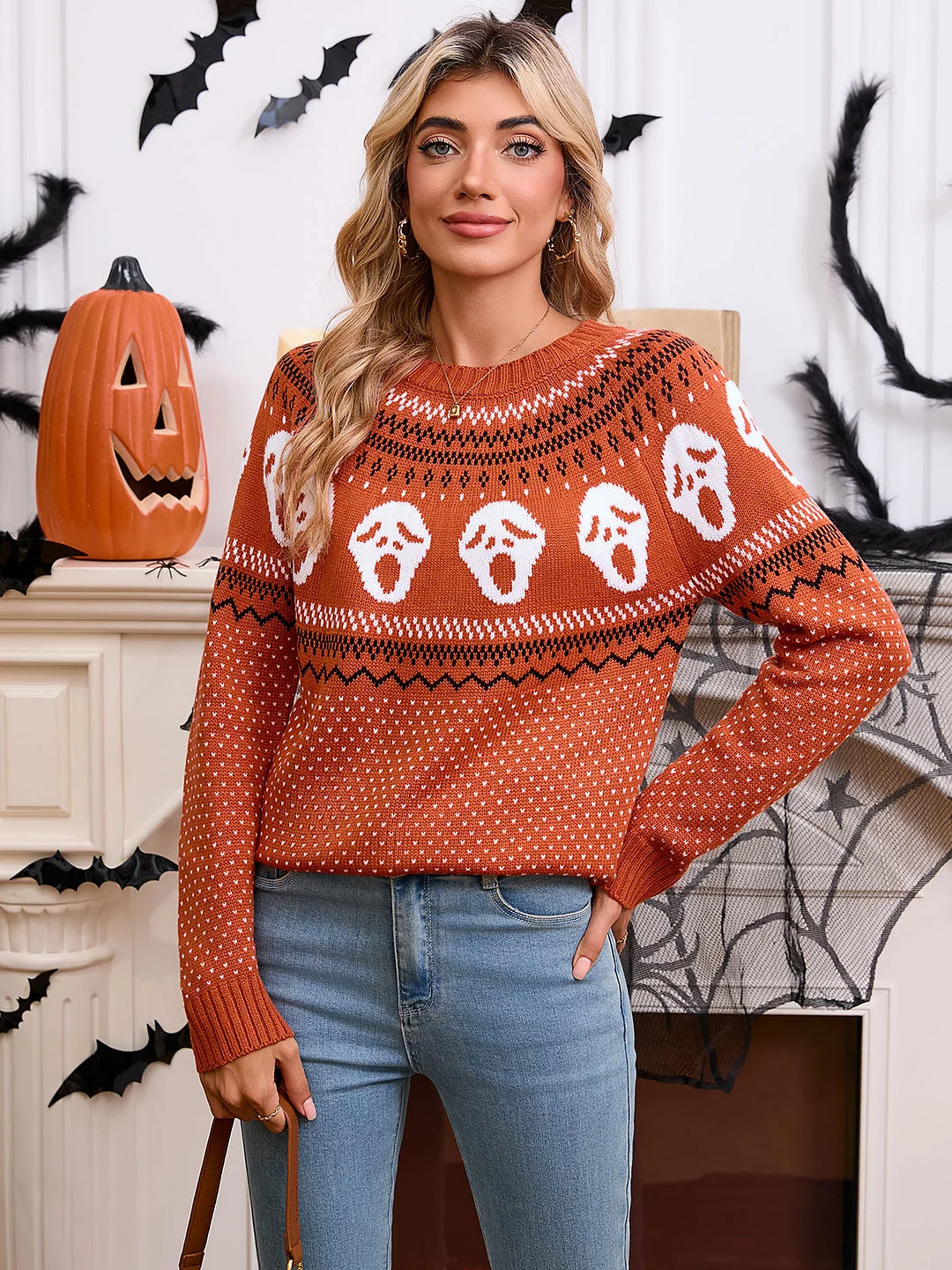 Athvotar Athvotar And Winter New Sweater Women's Loose Halloween Unique Skeleton Collar Long-Sleeved Knitwear