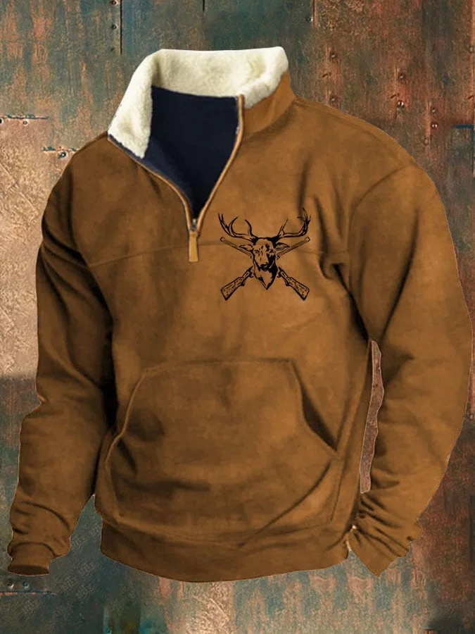 Men's Retro Western Print Zipper Collar Long Sleeve Sweatshirt