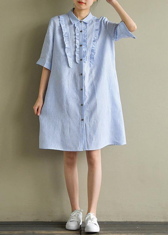 VCSHOES blue striped linen lapel half sleeve summer Dress