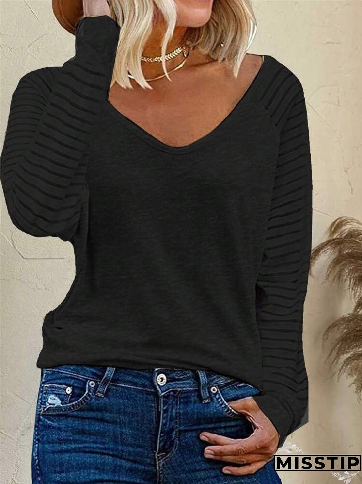 Women's V-Neck Striped Print Casual Long Sleeve T-Shirt