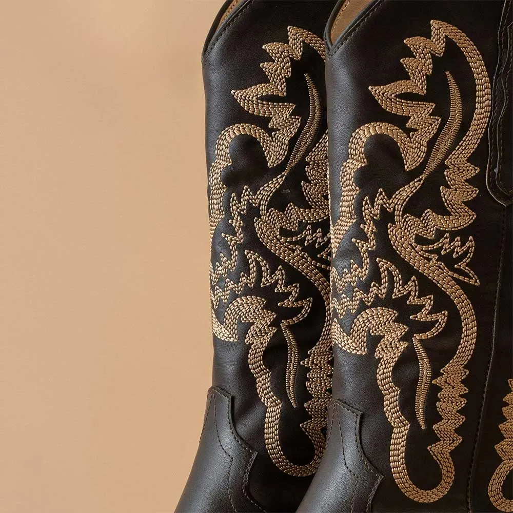 Chic Black Pull On Mid Calf Women's Western Boots with Embroidered