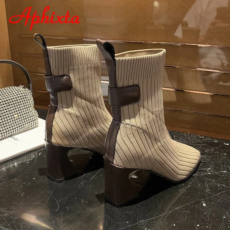 Aphixta 2022 New Strange Style Square Heels Socks Boots Women Fashion Stretch Fabric Elastic Square Toe Shoes Ankle Boot Woman