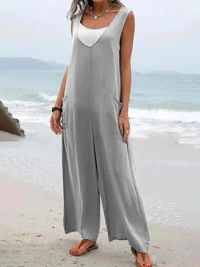 Women's Pure Color Pocket V Neck Sling Jumpsuit